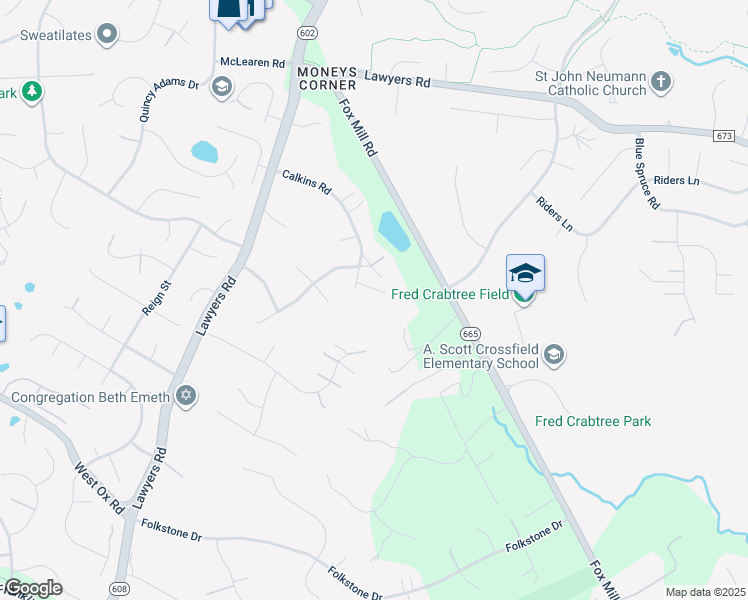 map of restaurants, bars, coffee shops, grocery stores, and more near 2745 Calkins Road in Herndon