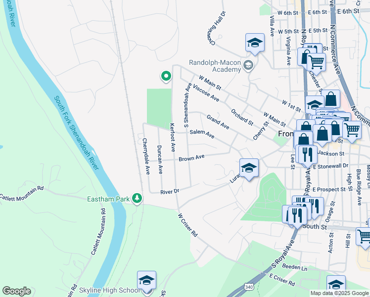map of restaurants, bars, coffee shops, grocery stores, and more near 321 South Shenandoah Avenue in Front Royal