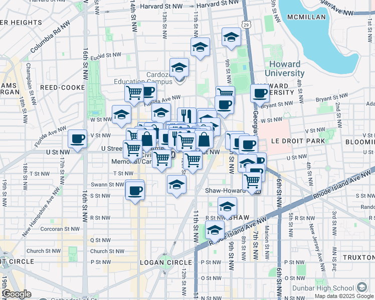 map of restaurants, bars, coffee shops, grocery stores, and more near 2001 12th Street Northwest in Washington