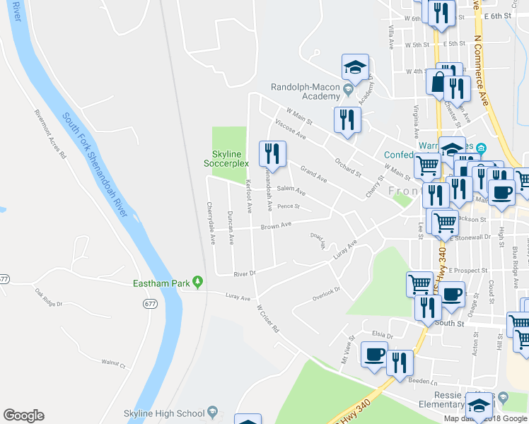 map of restaurants, bars, coffee shops, grocery stores, and more near 321 South Shenandoah Avenue in Front Royal