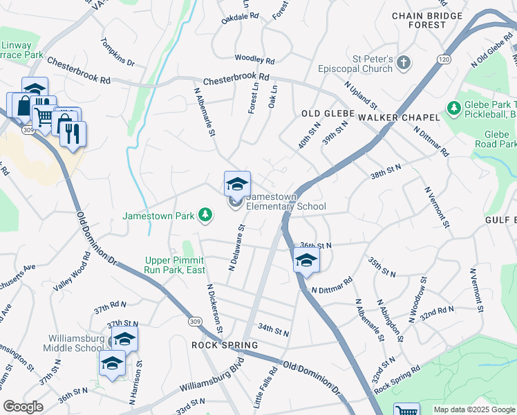 map of restaurants, bars, coffee shops, grocery stores, and more near 3725 North Delaware Street in Arlington