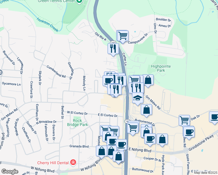 map of restaurants, bars, coffee shops, grocery stores, and more near 3105 Green Meadows Way in Columbia
