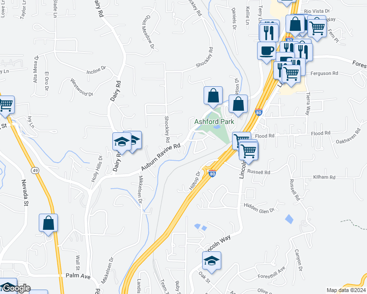 map of restaurants, bars, coffee shops, grocery stores, and more near 12901 Vidal Lane in Auburn