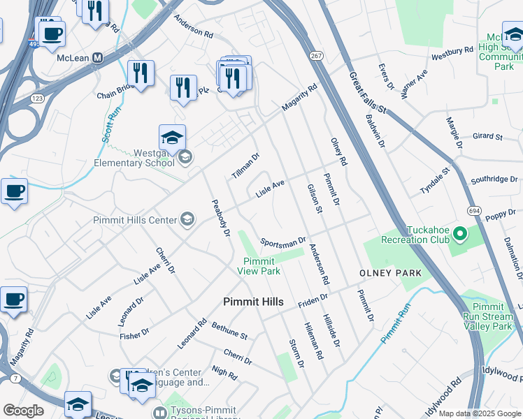 map of restaurants, bars, coffee shops, grocery stores, and more near 7400 Storm Court in Falls Church