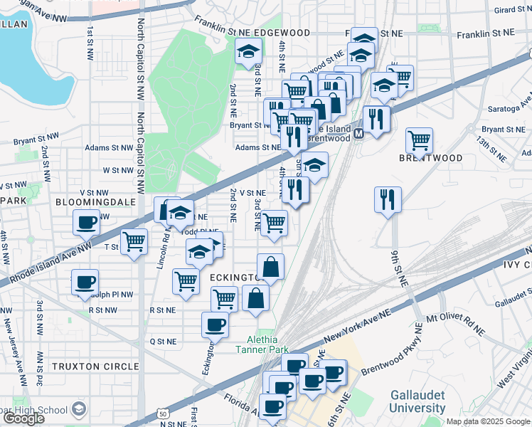 map of restaurants, bars, coffee shops, grocery stores, and more near 308 U Street Northeast in Washington