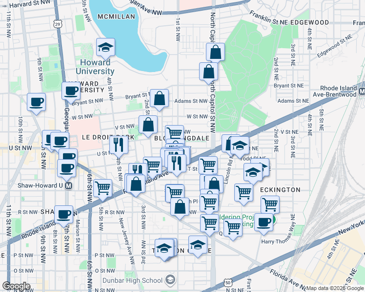 map of restaurants, bars, coffee shops, grocery stores, and more near 101 Independence Avenue Southeast in Washington