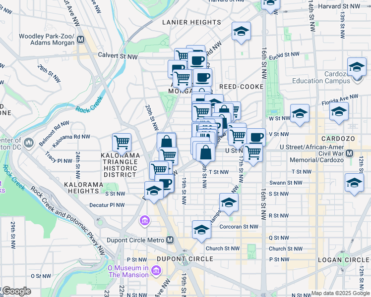 map of restaurants, bars, coffee shops, grocery stores, and more near 1851 Vernon Street Northwest in Washington