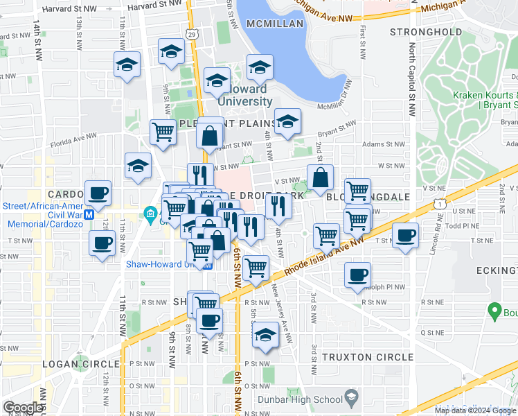 map of restaurants, bars, coffee shops, grocery stores, and more near 2019 5th Street Northwest in Washington