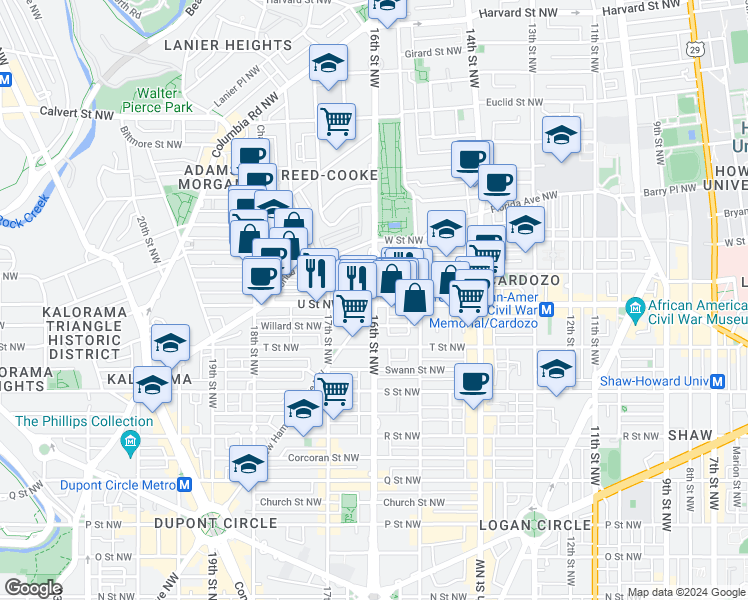 map of restaurants, bars, coffee shops, grocery stores, and more near 16th Street Northwest & New Hampshire Avenue Northwest in Washington