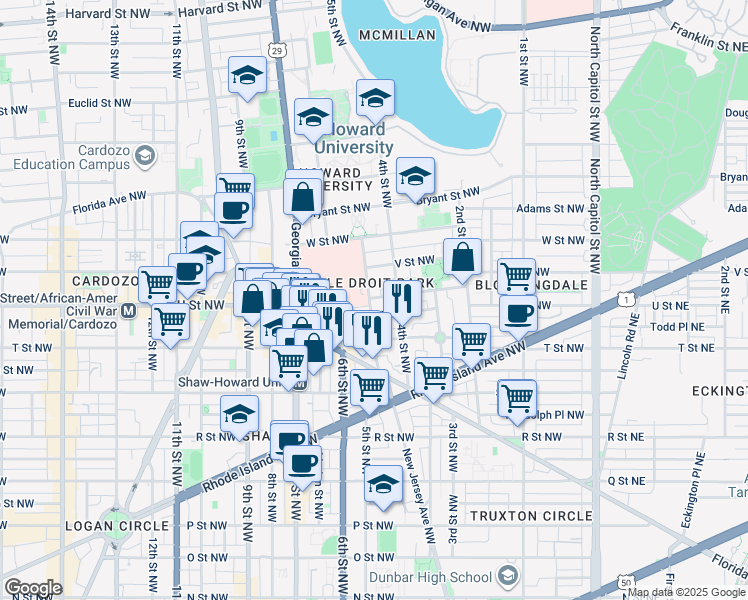 map of restaurants, bars, coffee shops, grocery stores, and more near 2019 5th Street Northwest in Washington