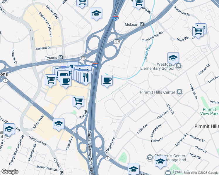 map of restaurants, bars, coffee shops, grocery stores, and more near 1800 Old Meadow Road in McLean