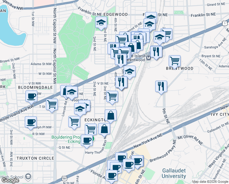 map of restaurants, bars, coffee shops, grocery stores, and more near 2016 4th Street Northeast in Washington