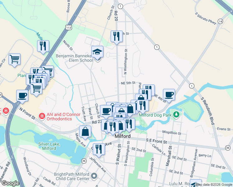 map of restaurants, bars, coffee shops, grocery stores, and more near 410 North Walnut Street in Milford
