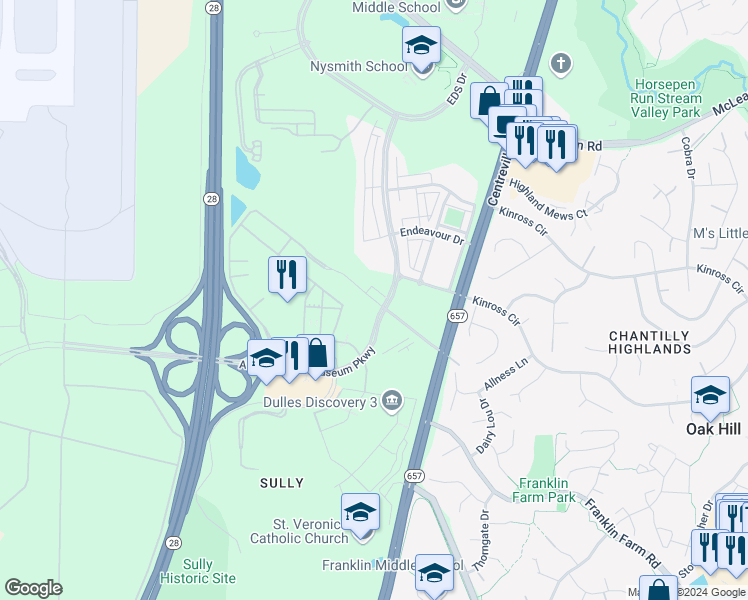 map of restaurants, bars, coffee shops, grocery stores, and more near Wall Road in Herndon