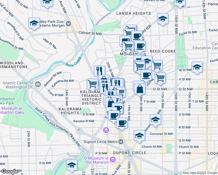 map of restaurants, bars, coffee shops, grocery stores, and more near 2001 Connecticut Avenue Northwest in Washington
