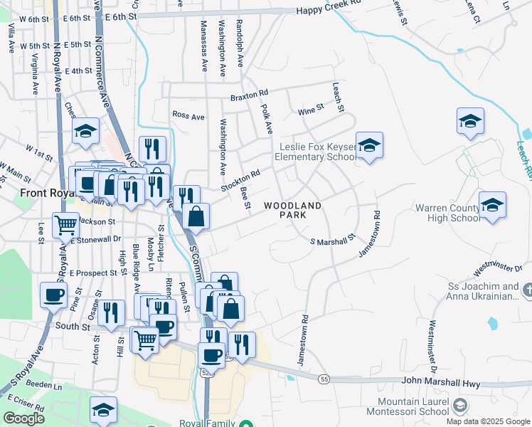 map of restaurants, bars, coffee shops, grocery stores, and more near 745 East Stonewall Drive in Front Royal