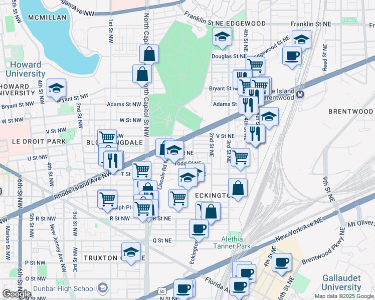 map of restaurants, bars, coffee shops, grocery stores, and more near 128 U Street Northeast in Washington