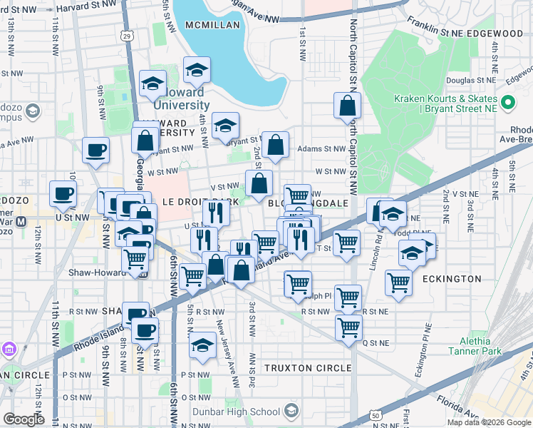 map of restaurants, bars, coffee shops, grocery stores, and more near 101 Independence Avenue Southeast in Washington