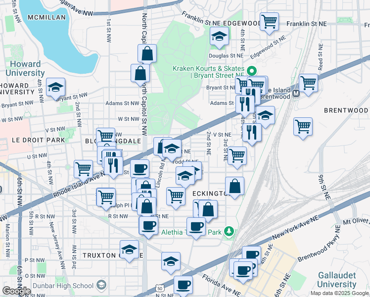 map of restaurants, bars, coffee shops, grocery stores, and more near 128 U Street Northeast in Washington