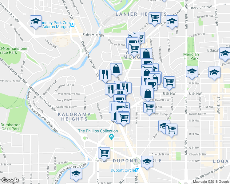 map of restaurants, bars, coffee shops, grocery stores, and more near 2001 Connecticut Avenue Northwest in Washington