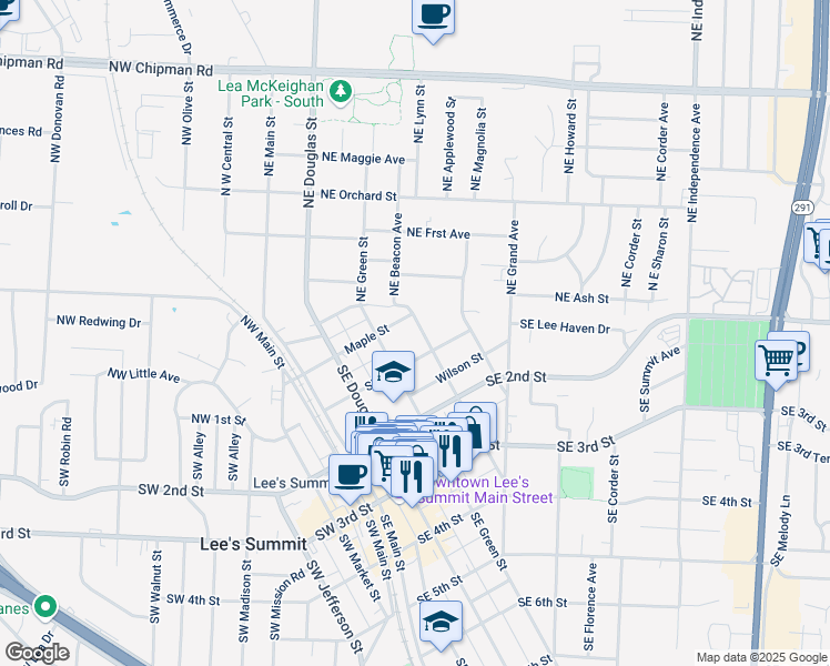map of restaurants, bars, coffee shops, grocery stores, and more near 7 Northeast Johnson Street in Lee's Summit