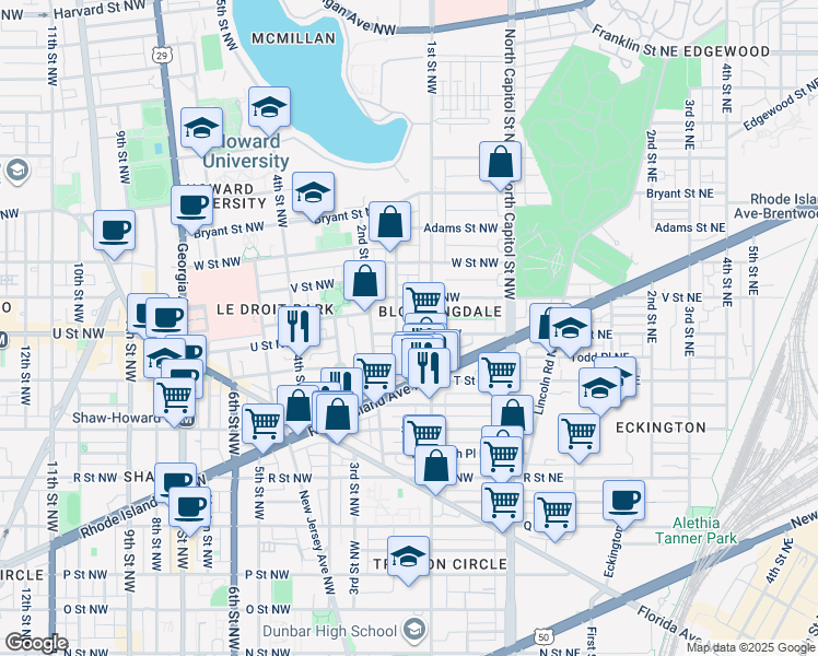 map of restaurants, bars, coffee shops, grocery stores, and more near 123 U Street Northwest in Washington