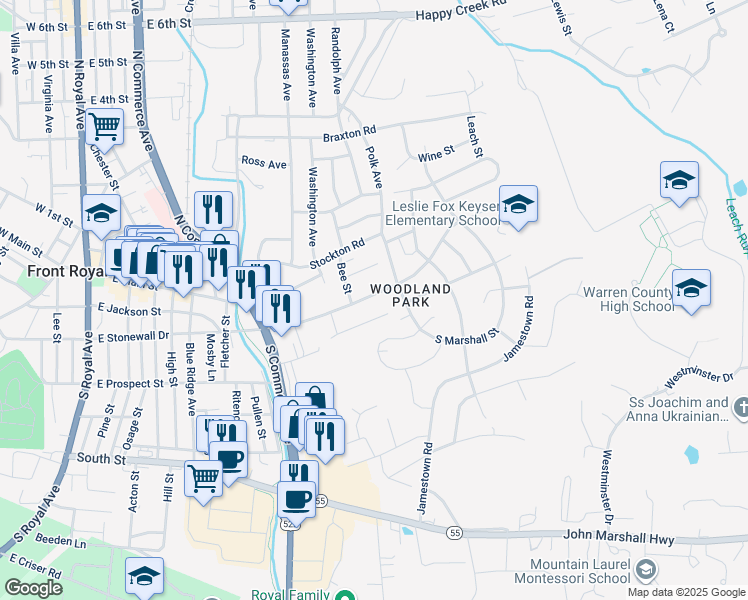 map of restaurants, bars, coffee shops, grocery stores, and more near 745 East Stonewall Drive in Front Royal
