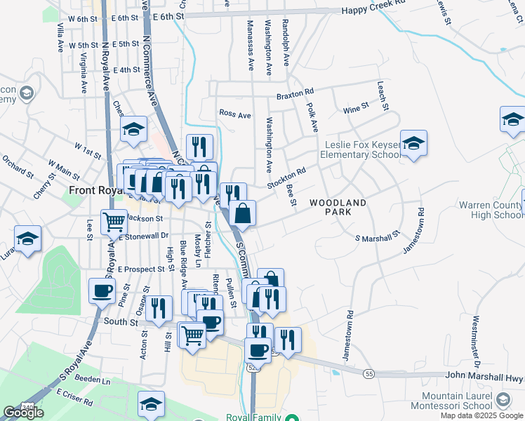 map of restaurants, bars, coffee shops, grocery stores, and more near 111 The Hill in Front Royal