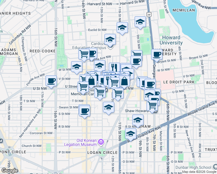map of restaurants, bars, coffee shops, grocery stores, and more near 1211 U Street Northwest in Washington