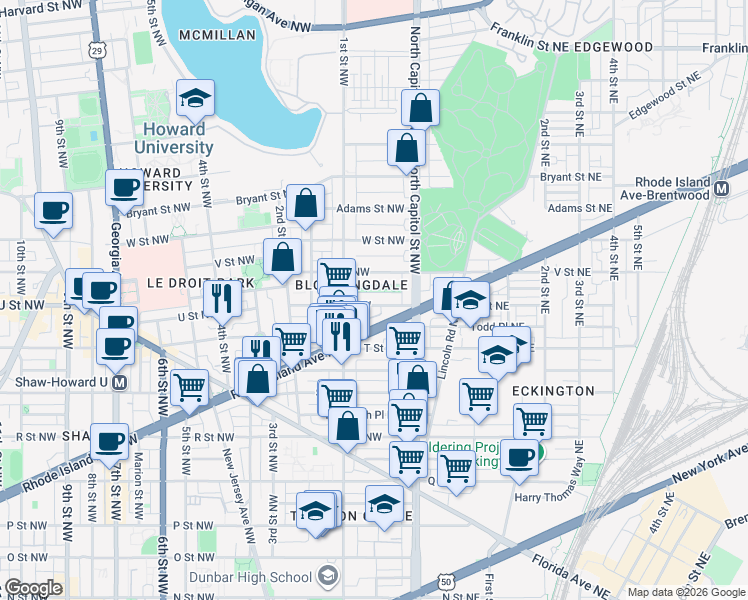 map of restaurants, bars, coffee shops, grocery stores, and more near 101 Independence Avenue Southeast in Washington