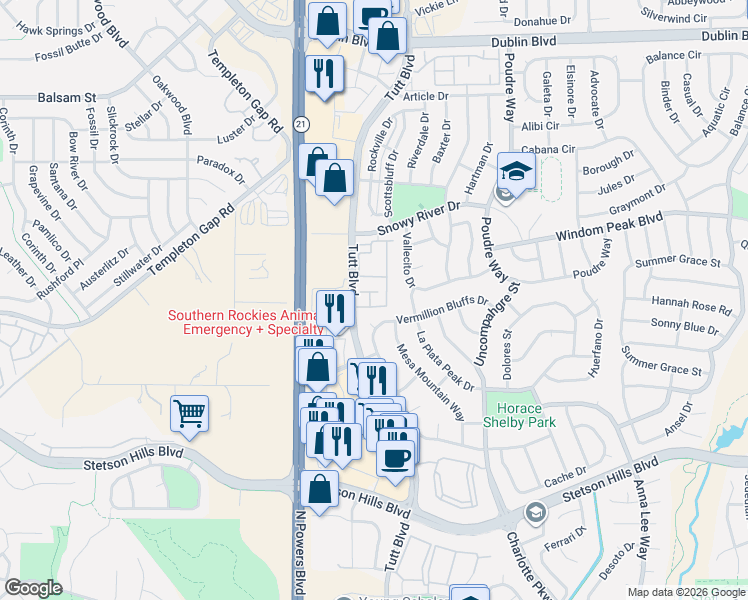 map of restaurants, bars, coffee shops, grocery stores, and more near 5938 Tympany Point in Colorado Springs