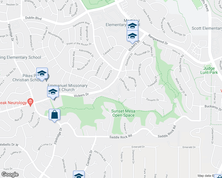 map of restaurants, bars, coffee shops, grocery stores, and more near 5970 Vista Ridge Point in Colorado Springs
