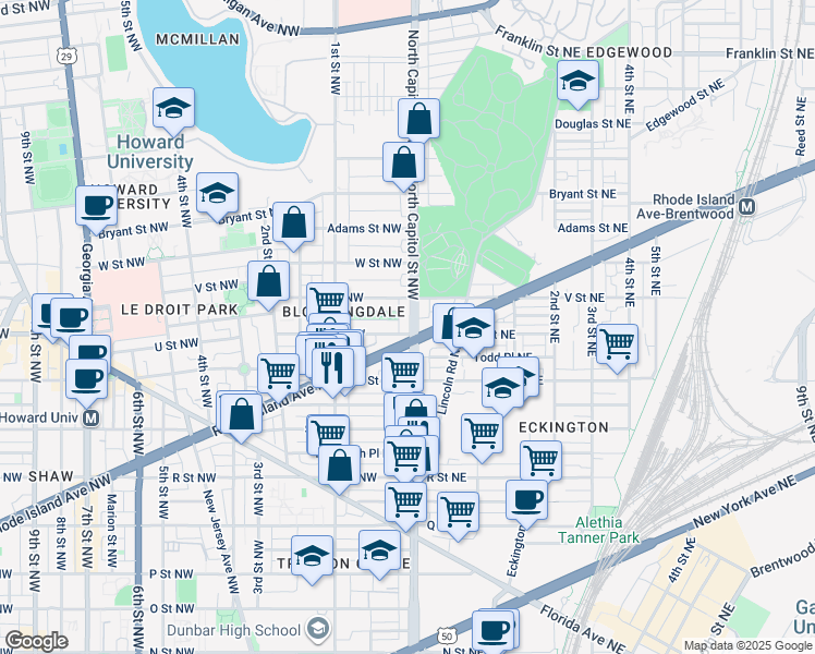 map of restaurants, bars, coffee shops, grocery stores, and more near 101 Independence Avenue Southeast in Washington