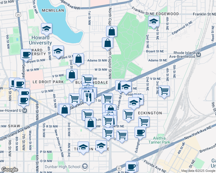 map of restaurants, bars, coffee shops, grocery stores, and more near 101 Independence Avenue Southeast in Washington