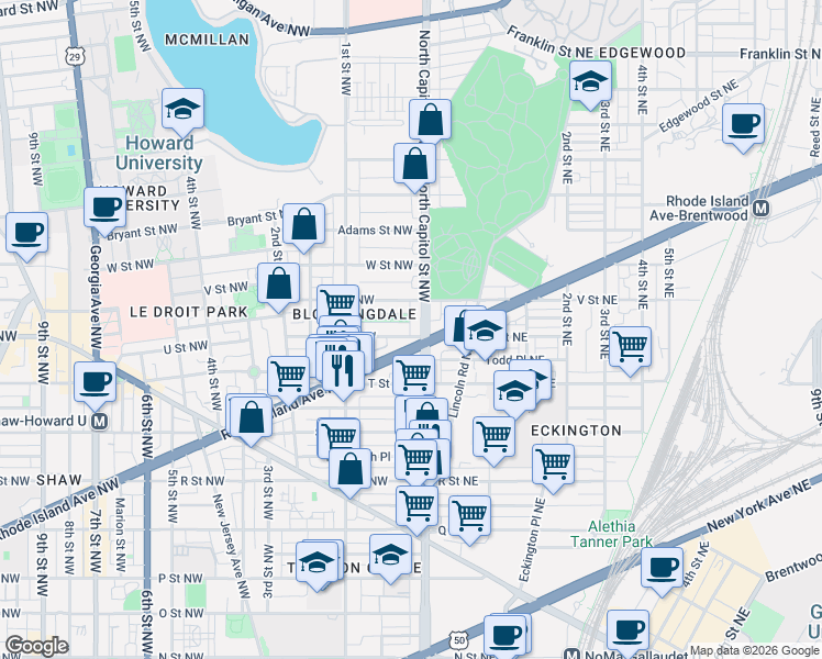 map of restaurants, bars, coffee shops, grocery stores, and more near 101 Independence Avenue Southeast in Washington