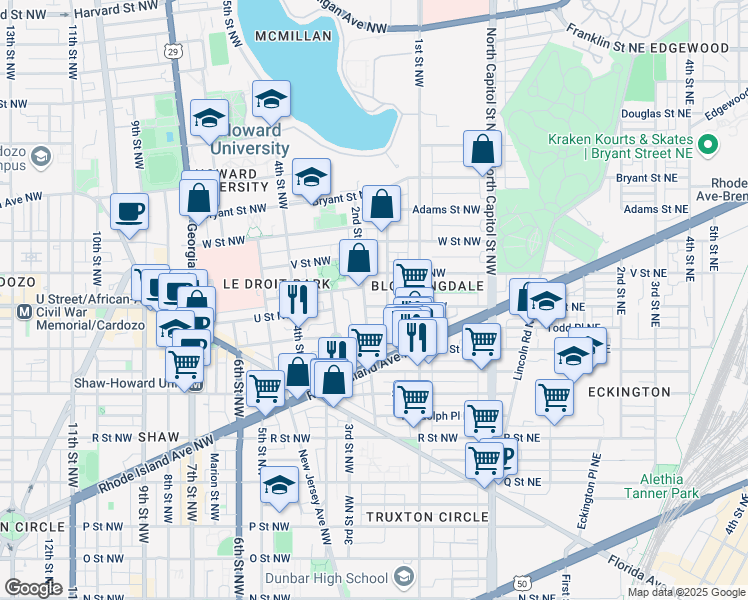 map of restaurants, bars, coffee shops, grocery stores, and more near 101 Independence Avenue Southeast in Washington