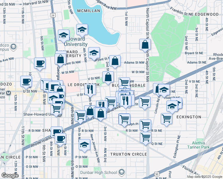 map of restaurants, bars, coffee shops, grocery stores, and more near 101 Independence Avenue Southeast in Washington