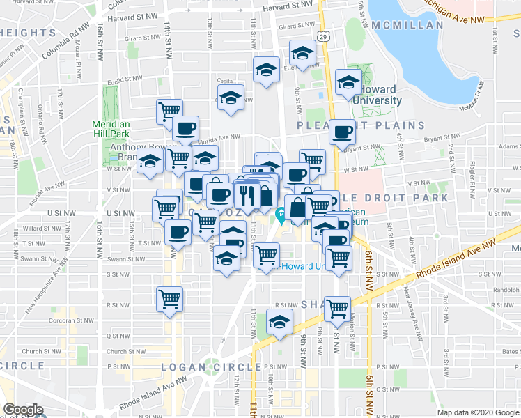 map of restaurants, bars, coffee shops, grocery stores, and more near 2017 11th Street Northwest in Washington