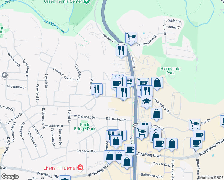 map of restaurants, bars, coffee shops, grocery stores, and more near 101 East Green Meadows Road in Columbia