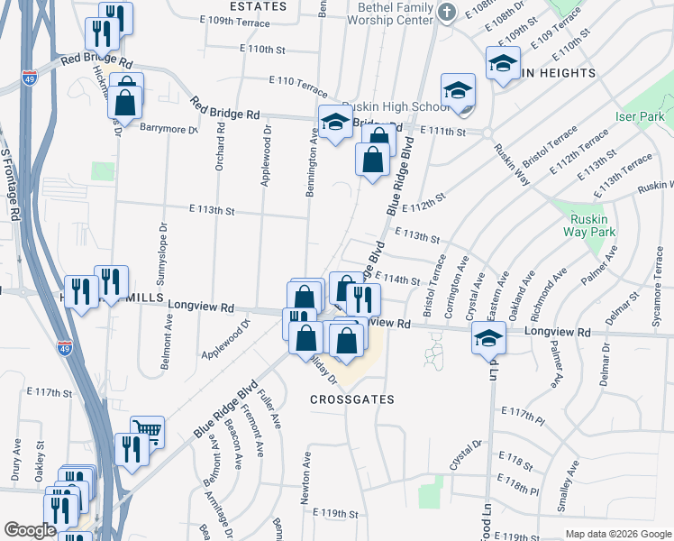 map of restaurants, bars, coffee shops, grocery stores, and more near 11319 Bennington Avenue in Kansas City