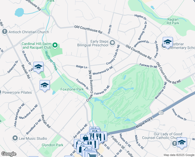 map of restaurants, bars, coffee shops, grocery stores, and more near 904 Woodnor Drive Northeast in Vienna