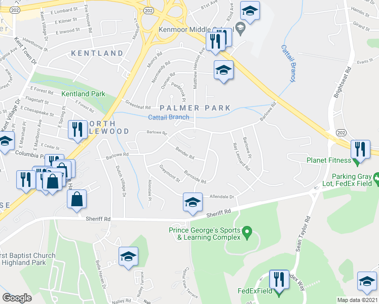 map of restaurants, bars, coffee shops, grocery stores, and more near 7734 Bender Road in Greater Landover