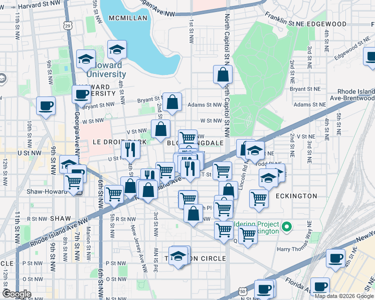 map of restaurants, bars, coffee shops, grocery stores, and more near 101 Independence Avenue Southeast in Washington