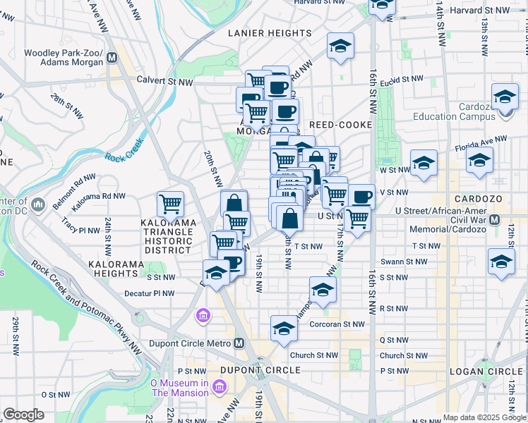 map of restaurants, bars, coffee shops, grocery stores, and more near 1845 Vernon Street Northwest in Washington
