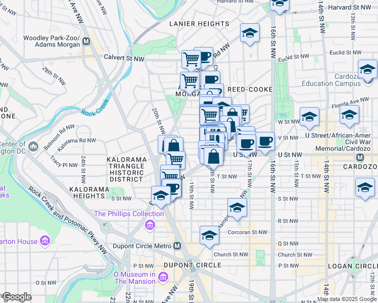 map of restaurants, bars, coffee shops, grocery stores, and more near 2001 19th Street Northwest in Washington