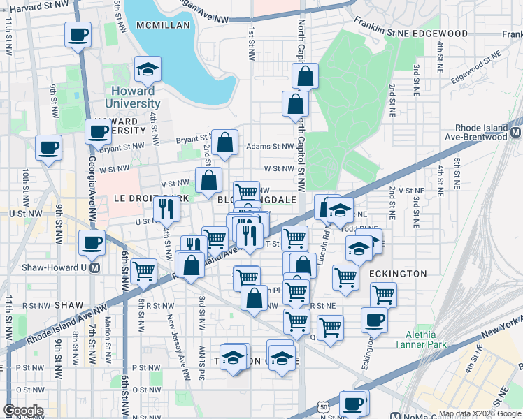 map of restaurants, bars, coffee shops, grocery stores, and more near 75 U Street Northwest in Washington