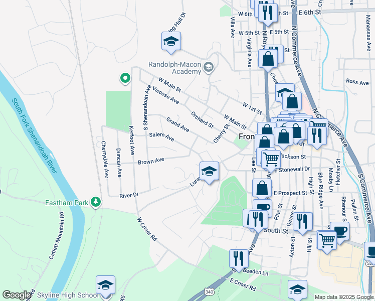 map of restaurants, bars, coffee shops, grocery stores, and more near 302 Salem Avenue in Front Royal
