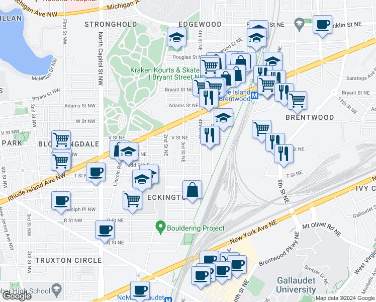 map of restaurants, bars, coffee shops, grocery stores, and more near 306 U Street Northeast in Washington