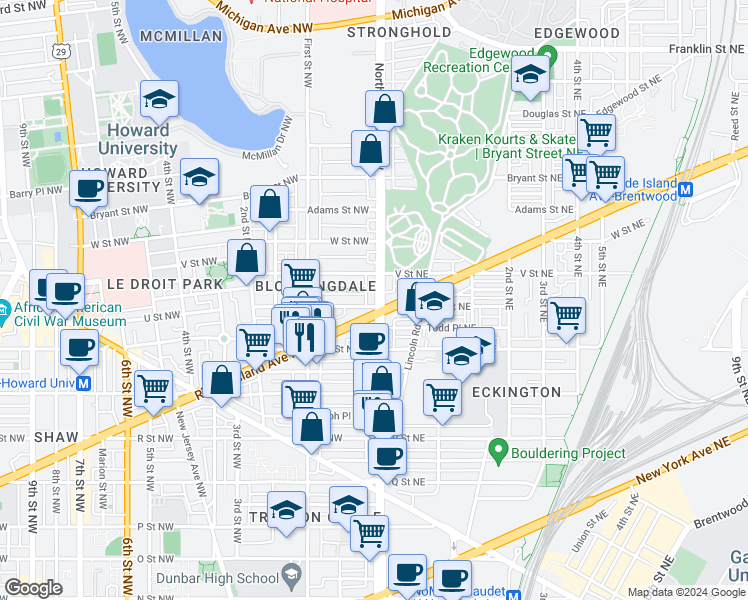 map of restaurants, bars, coffee shops, grocery stores, and more near 1 U Street Northwest in Washington