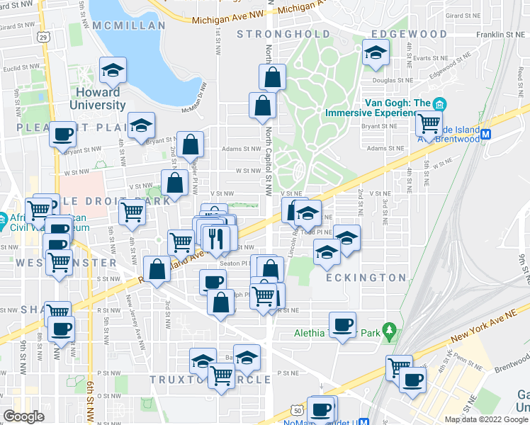 map of restaurants, bars, coffee shops, grocery stores, and more near 1 U Street Northwest in Washington